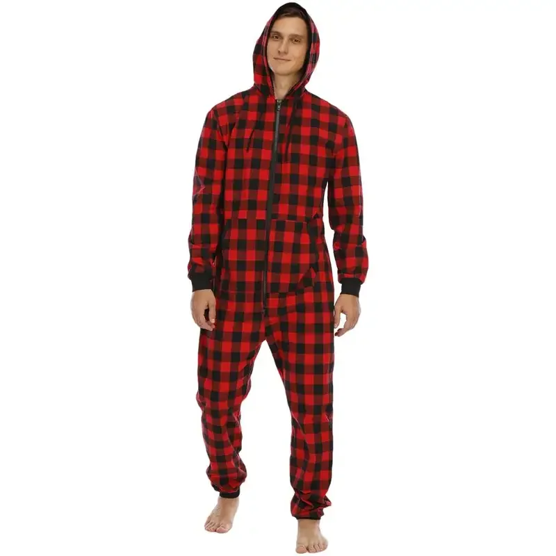 Plaid printing onesies men hoodies jumpsuit casual long sleeve pajamas zipper splicing overalls autumn winter male streetwear