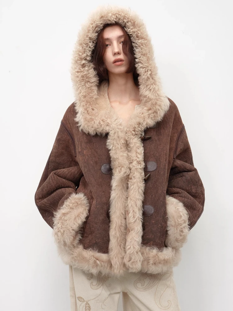 

High-end Luxury Merino Sheep Fur Hooded Suede Jackets for Women 2026 Simple Thickened Warm Winter Genuine Leather Real Fur Coat