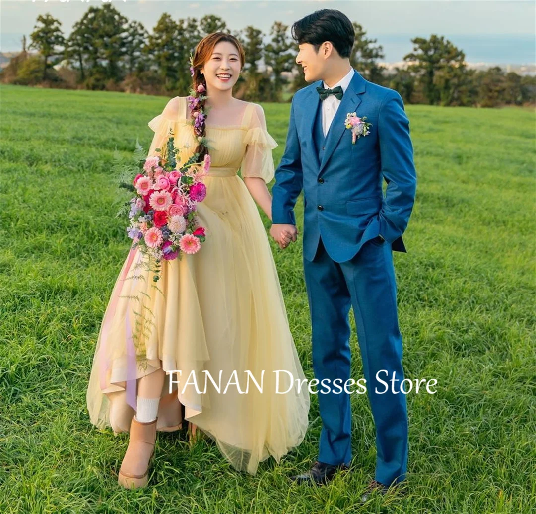 

FANAN Square Neck Evening Party Dresses Fashion Tulle Yellow Floor Length Korea Wedding Women Formal Gowns Event Prom Gowns