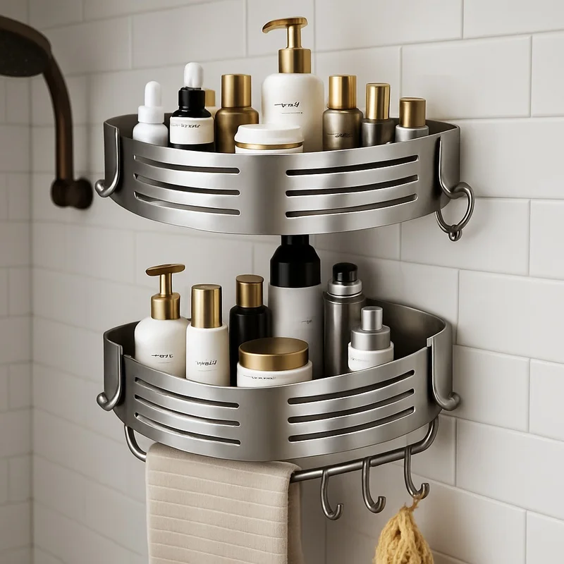 Drill-Free Bathroom Corner Shelf Set with Towel Bar and Plastic Hooks, Aluminum Frame, 1 to 3 Pieces