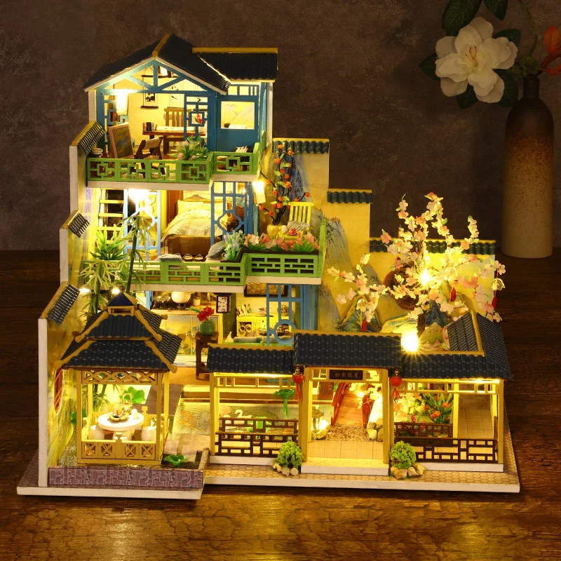 DIY ไม้ญี่ปุ่น Big Casa Miniature Kit 3D ปริศนาตุ๊กตาเฟอร์นิเจอร์ไฟ Villa Home Decor สําหรับของขวัญเพื่อน