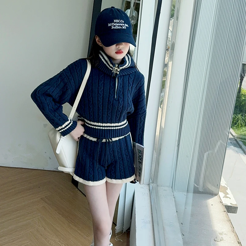 teen girls Sweater Set Korean Zipper Loose short Tops coat+High Waist Shorts 2pcs junior kid wist Knit suit Casual Child outfits