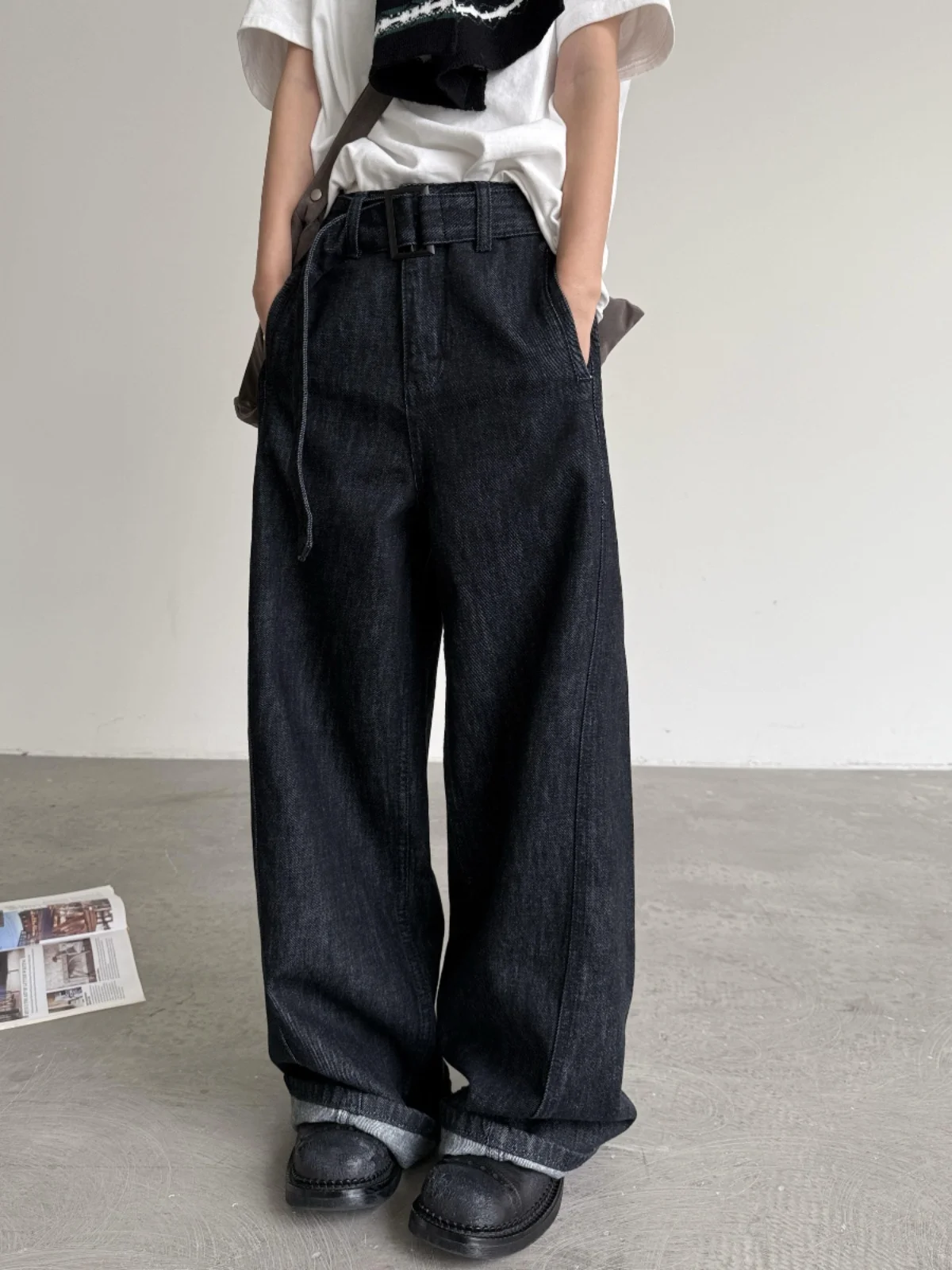 

Классические свободные джинсы с широкими штанинами, женские брюки в пол с поясом, повседневные хлопковые брюки с высокой талией, износостойкие