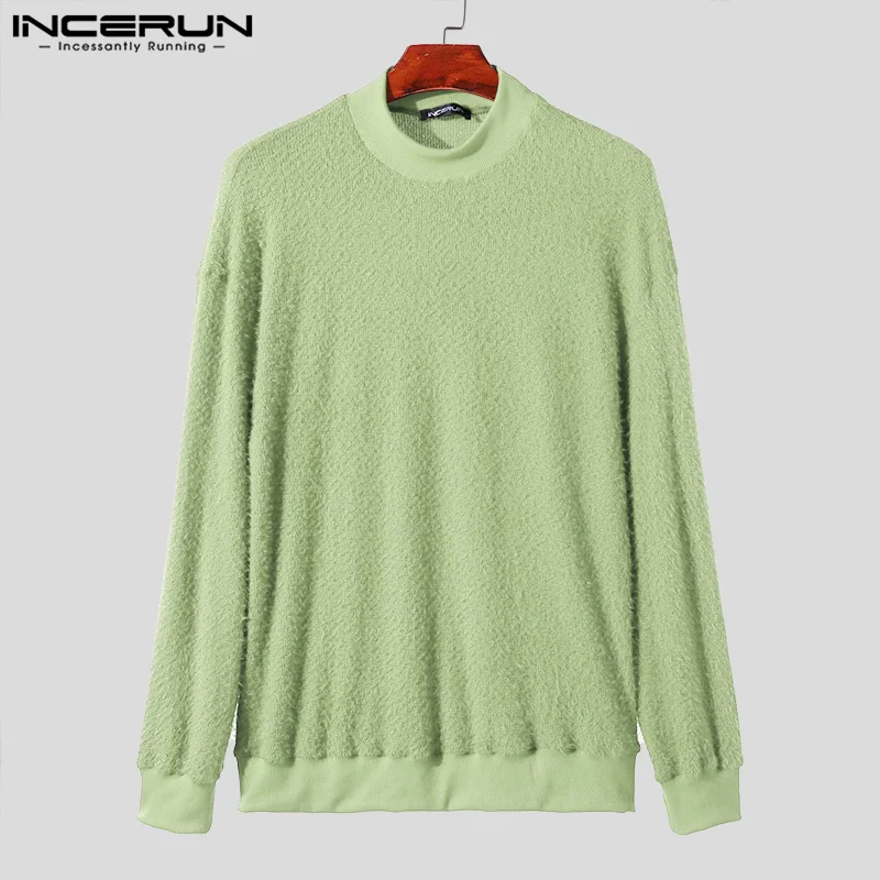 INCERUN Men Pullovers Solid Color O-neck Long Sleeve Knitted Plush Casual Sweaters Streetwear Autumn 2024 Fashion Men Clothing