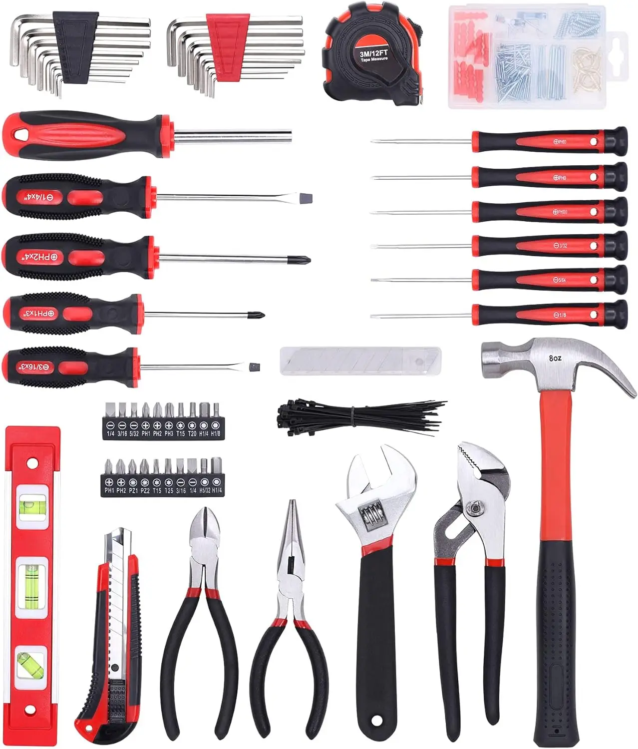 215-Piece Home Repairing Tool Set with 12-Inch Wide Mouth Open Storage Bag,Household Hand Tool Kit,Red Hand Tools