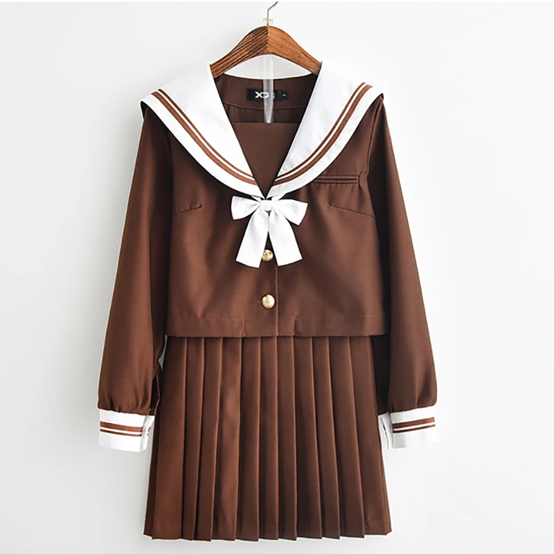 Koffiebruin Japans/Koreaans Matrozenpak Cosplay Kostuums Schooluniformen Jk Studentenkleding Top + Rokken + Vlinderdas