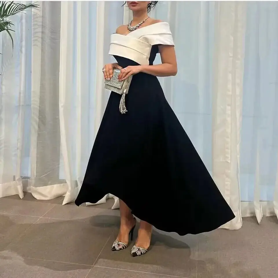 

Elegent High Low Evening Gowns Off The Shoulder Black and White Satin Prom Dresses Formal Party Dress Robe De Soiree Women