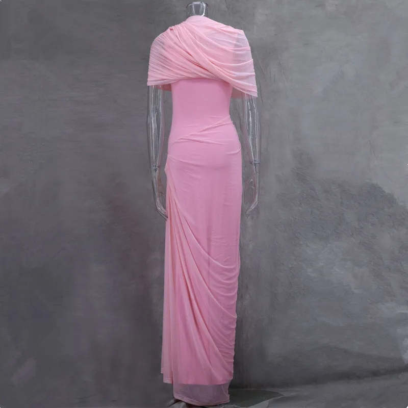 Elegante zomer onregelmatige sjaal ruches maxi-jurk dames slanke hoge taille lange jurk vrouwelijke avondclub feestjurken