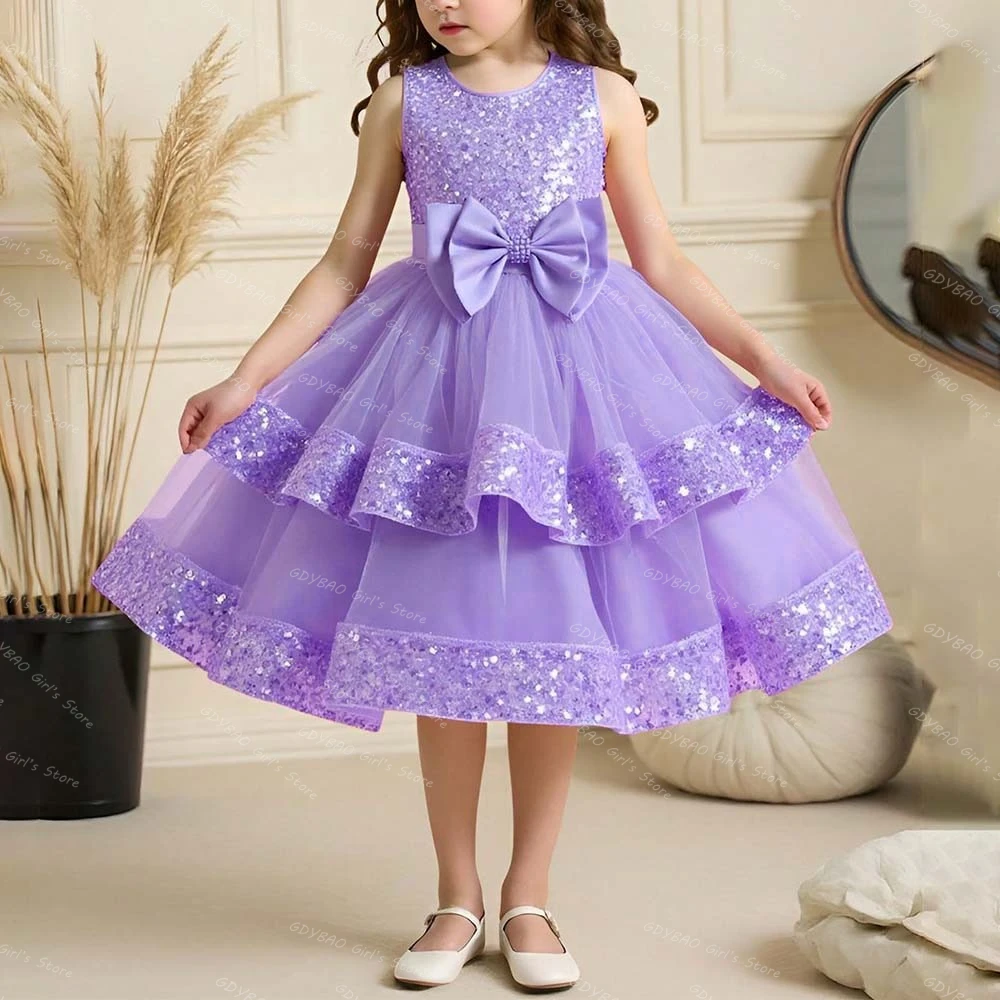 

Girls Princess Dress With Bow Sparkly Ruffled Sequin Tulle Wedding Flower Girl Dress Kids Tea Length Pageant Party Ball Gown
