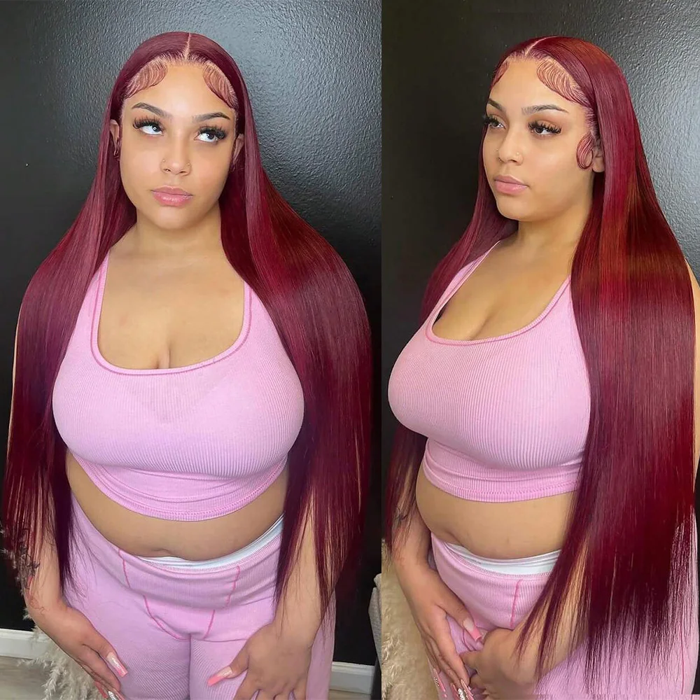 Pelucas de cabello humano liso 99J de 200% de densidad Color burdeos para mujeres 13x4 encaje transparente prearrancado