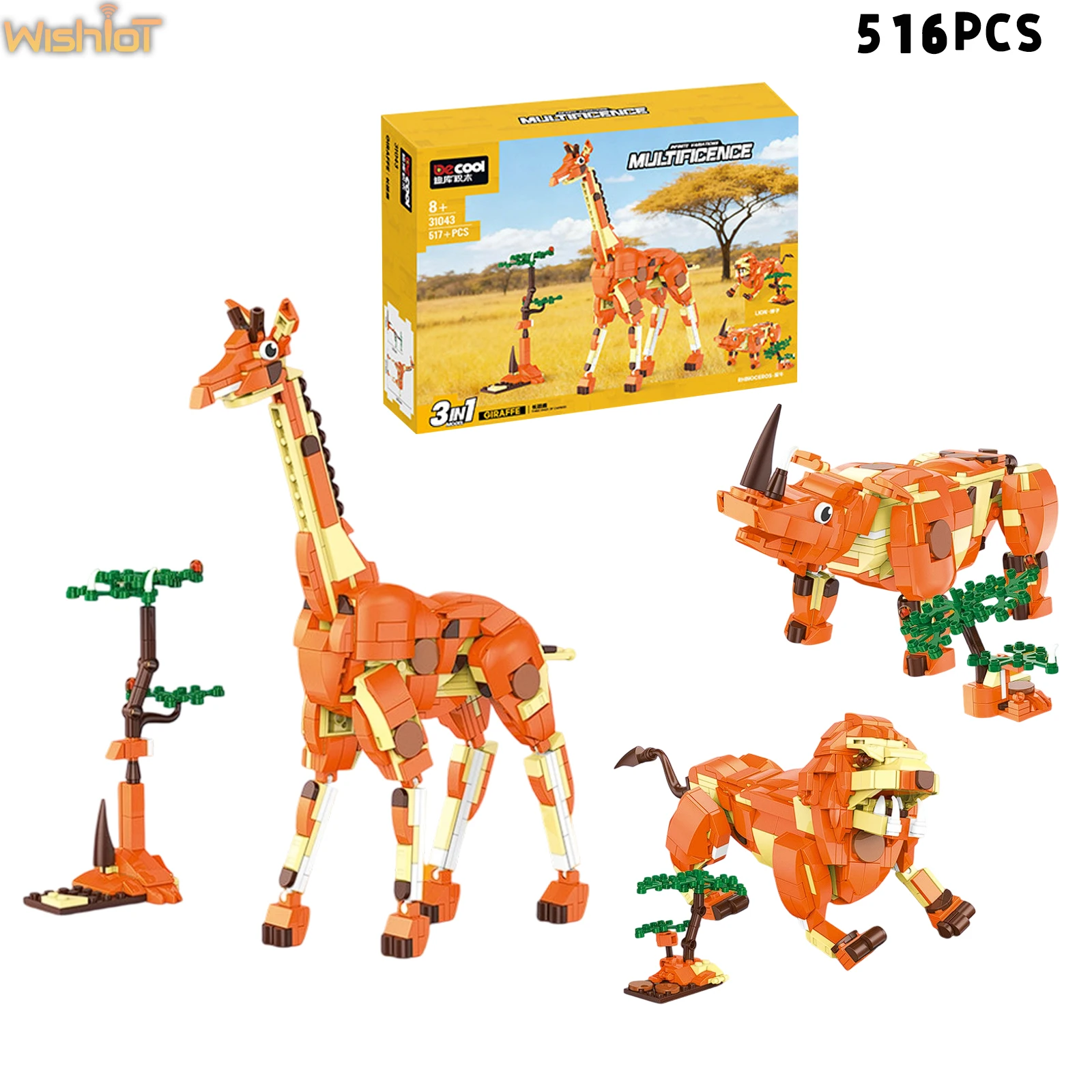 

516PCS 3-IN-1 Giraffe Rhinoceros Lion Building Blocks Wild Animal Model Creative Transforming Toy Boy Girl Assembly Bricks Gifts