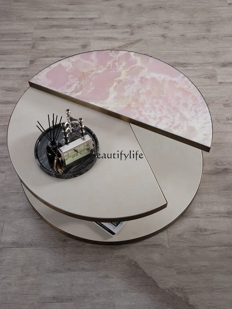 

88.Mild Luxury Marble Coffee Table Living Room Stainless Steel round Luxury Stone Tea Table
