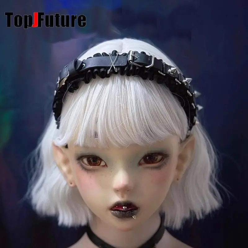

Punk Subculture Y2K Women's Handmade Leather Button Short Rivets Ruffle Edge Hair hoop Headband Gothic Lolita Hair accessories
