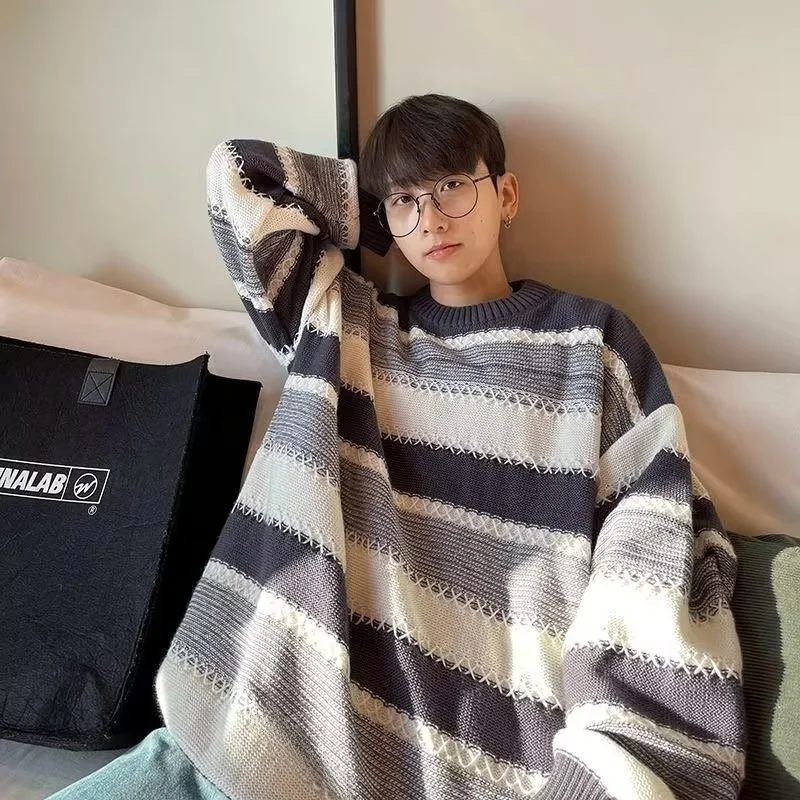 

Loose Fit Men's Knitted Sweater Autumn Winter Large Size 250 Pou Hong Kong Sle Striped round Ne Pullover Casual Knitwear
