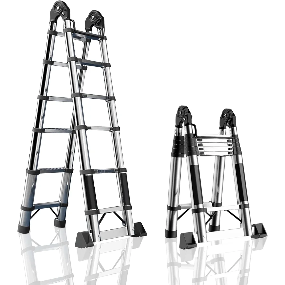 

8ft A Frame Folding Telescopic Ladder -16ft Stainless Steel Telescopic Ladder -Weighs 330lbs, Collapsible, with Safety Locks