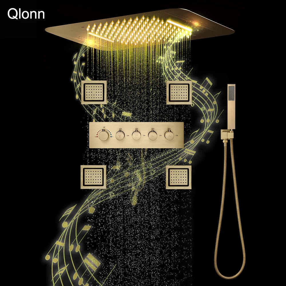 

Элитный душевой набор Qlonn Gold для ванной комнаты, 580*380 мм, со встроенной LED-подсветкой, умный термостатический смеситель, мощные массажные форсунки для тела