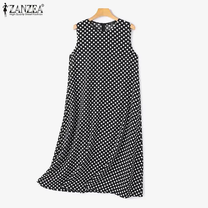 ZANZEA 보헤미안 포인트 도트 프린트 드레스 여성 여름 Vestidos 2024 우아한 섹시한 민소매 캐주얼 루즈 빈티지 비치 Sundress
