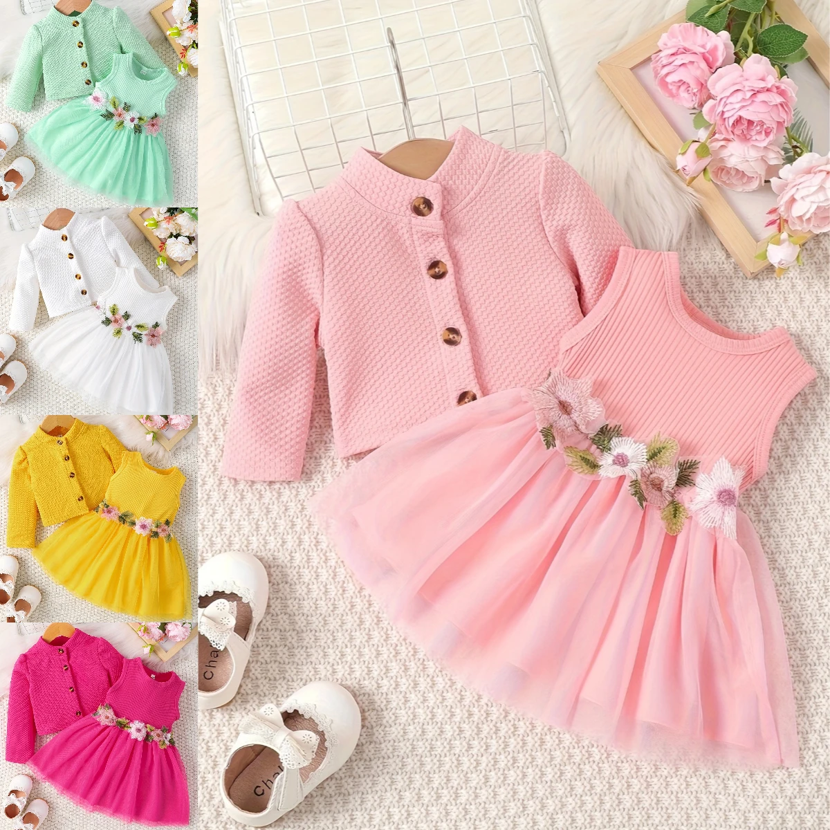 0-24 Months Baby Girl Dress Birthday Gift Pink Petal Suspender Coat Spring Autumn Set