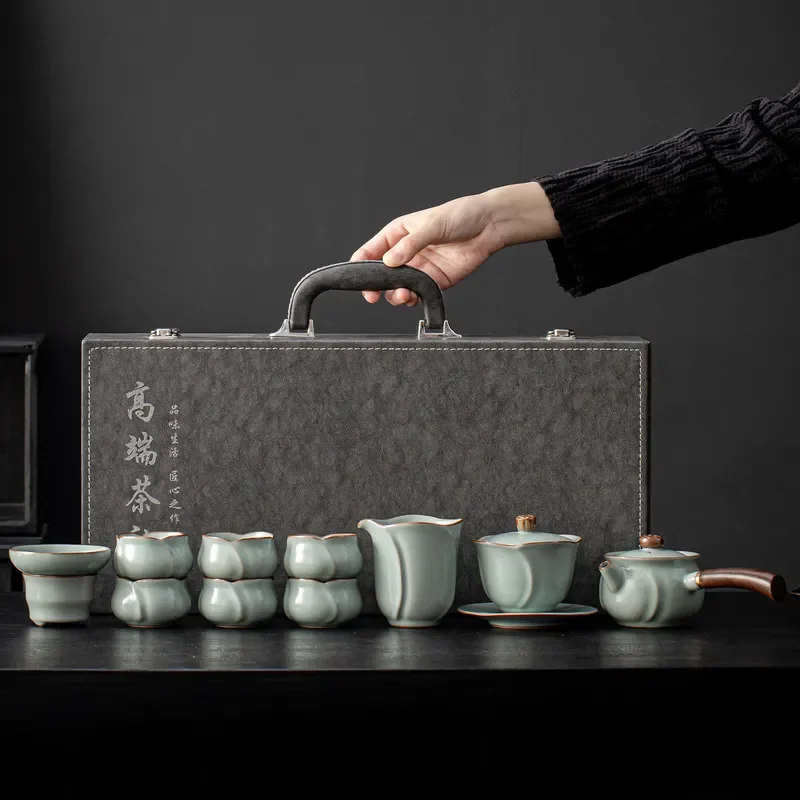 Ru Kiln Ceramic Kung Fu Tea Set Side Handle Pot Retro Home Brewing Teapot Complete Gift Box High End Quality Traditional