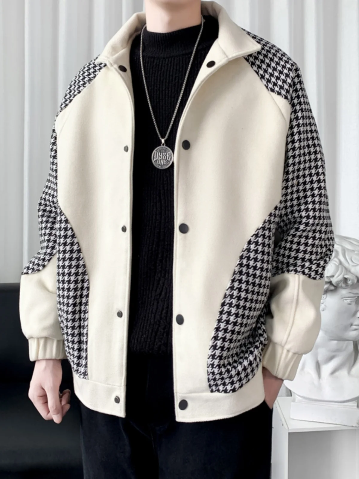 

Cleanfit Khaki Plaid Jaet Men's Autumn Winter Trendy Brand Haome Baseball orm Loose Fit Button Decorated Windproof