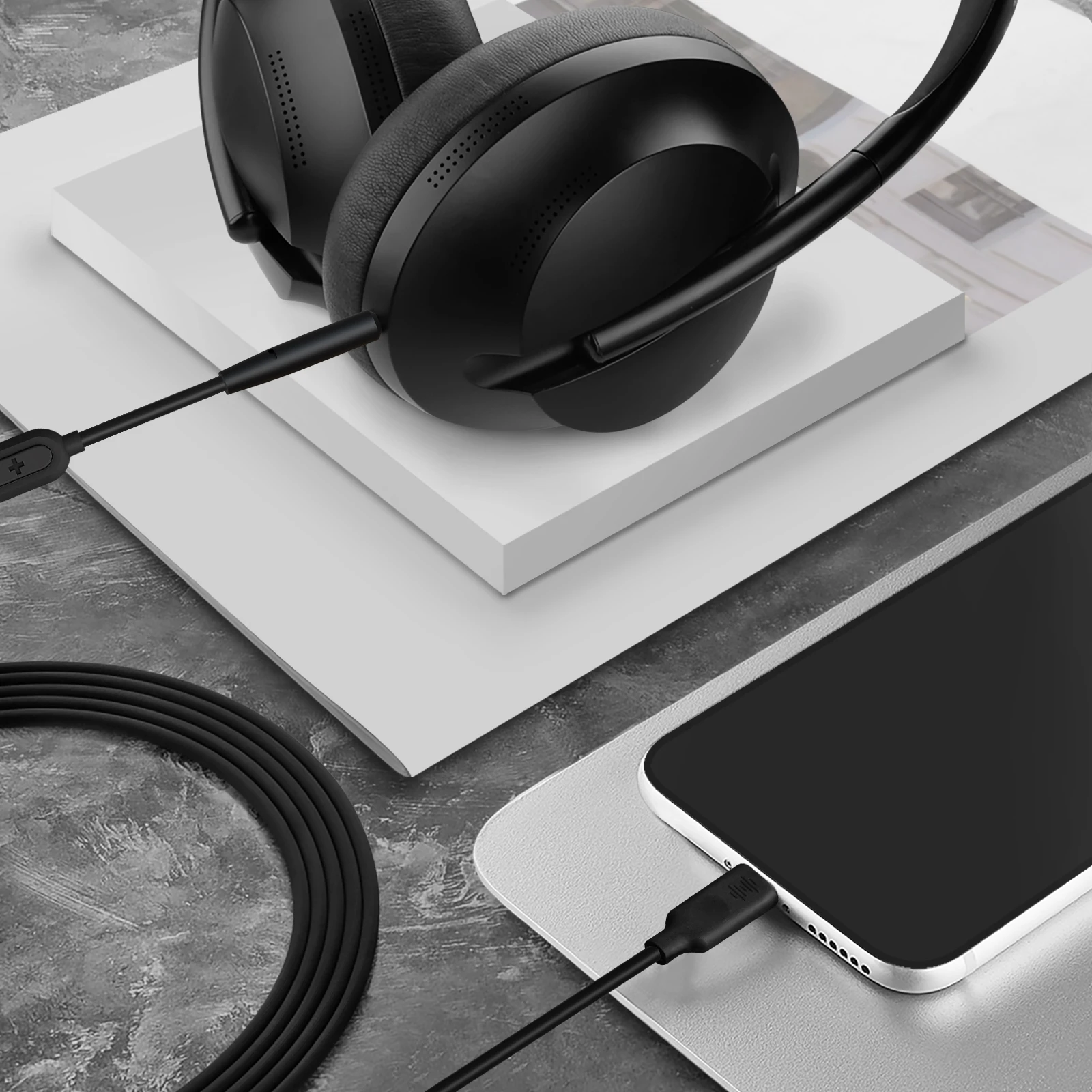 Geekria-Cable de Audio Digital a USB-C con micrófono, Compatible con Bose NC700, NCH700, Cable de Audio tipo C con Control de volumen