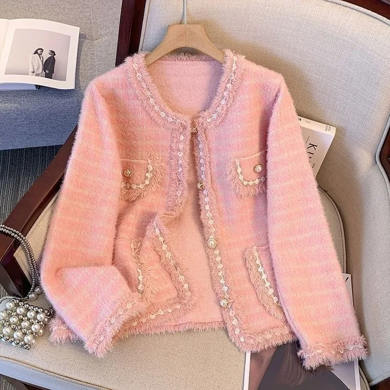 Women's Clothing Coats Trendy Autumn Winter Knitted Cardigan Soft Fluffy Faux Mink Knitted High-end Pink Coats New Loose Black