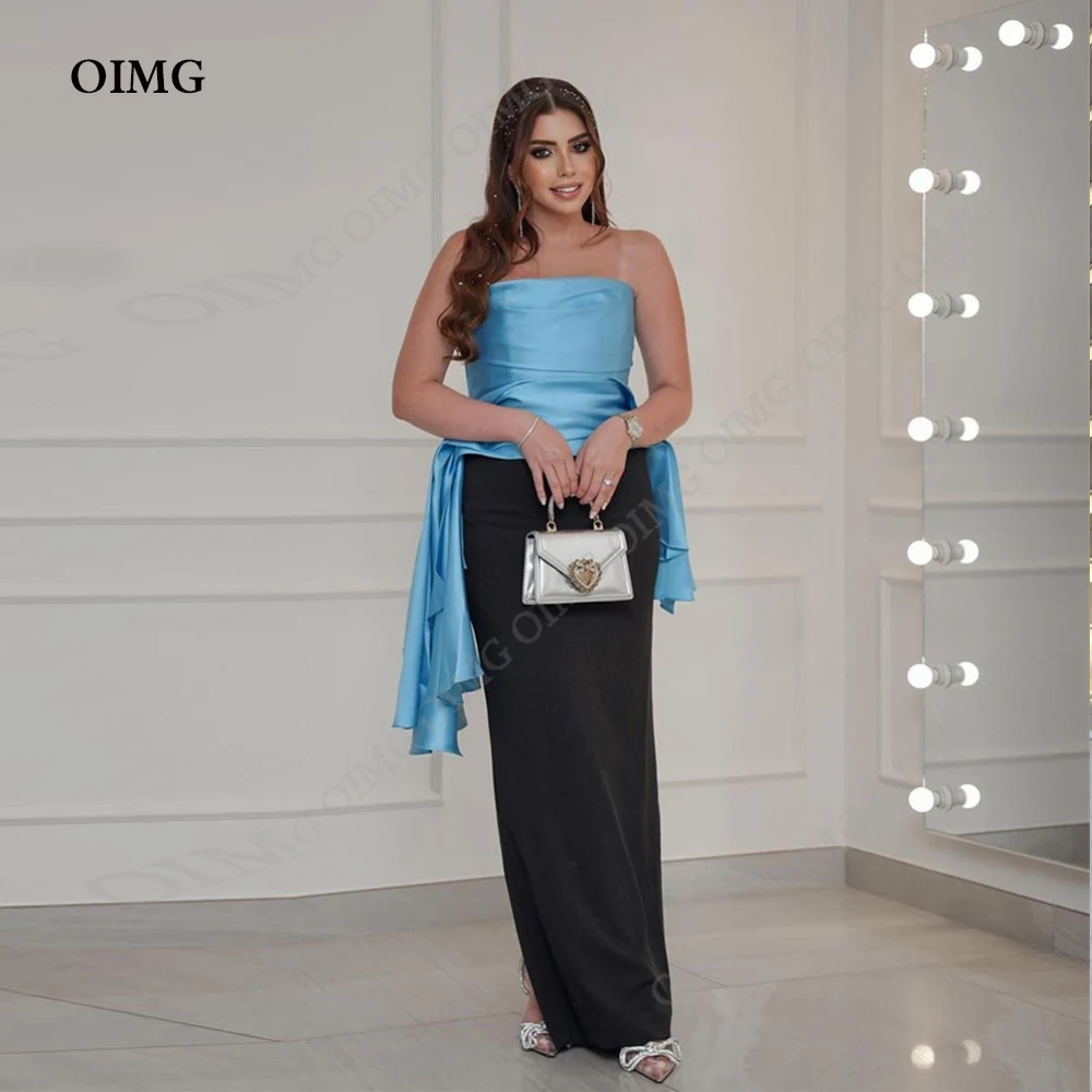 

OIMG Saudi Arabic Black/Blue Satin Evening Dresses Sleeveless Custom Prom Gowns Simple Formal Party Occasion Dress 2023