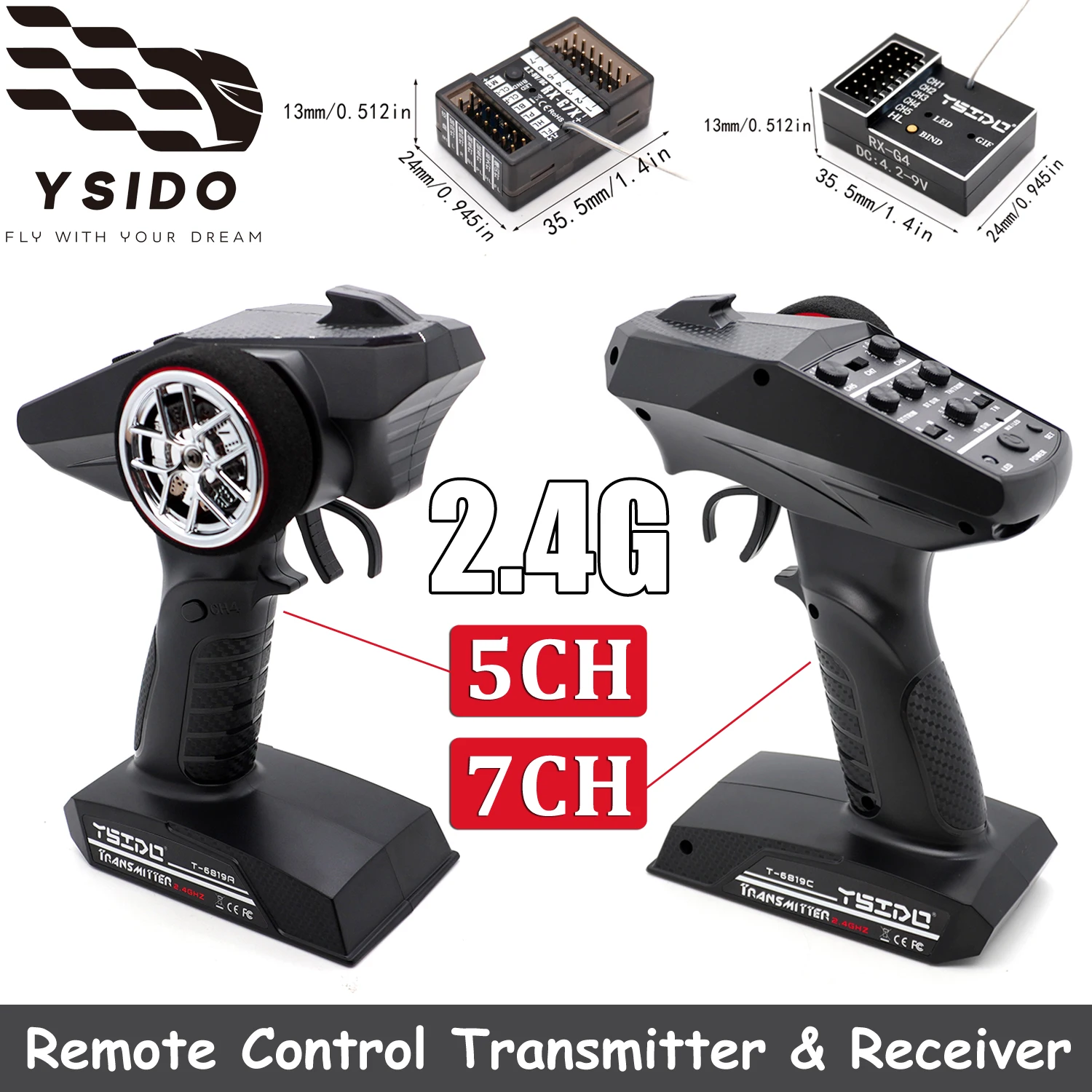 

YSIDO Radio System Remote Control 7CH/5CH 2.4G Transmitter with 4.2-9V Metal Gyro Receiver Kit for RC Model Car Boat Accessories