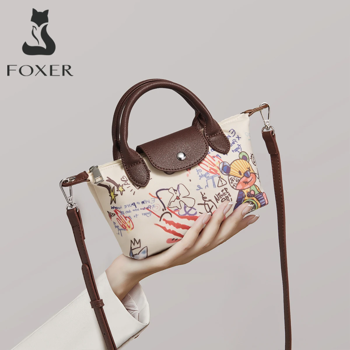 

FOXER Brand Chic Women's Handbag Fashion Mini Shoulder Bag 2025 New Cartoon Printed Lady Travel Small Crossbody Tote Purse
