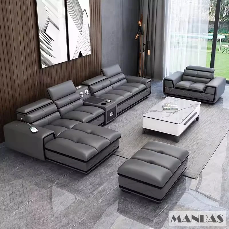 Modern Genuine Leather Sectional Sofa Sets Couch Sofas with USB Charging and Bluetooth Speaker - MINGDIBAO Living Room Furniture