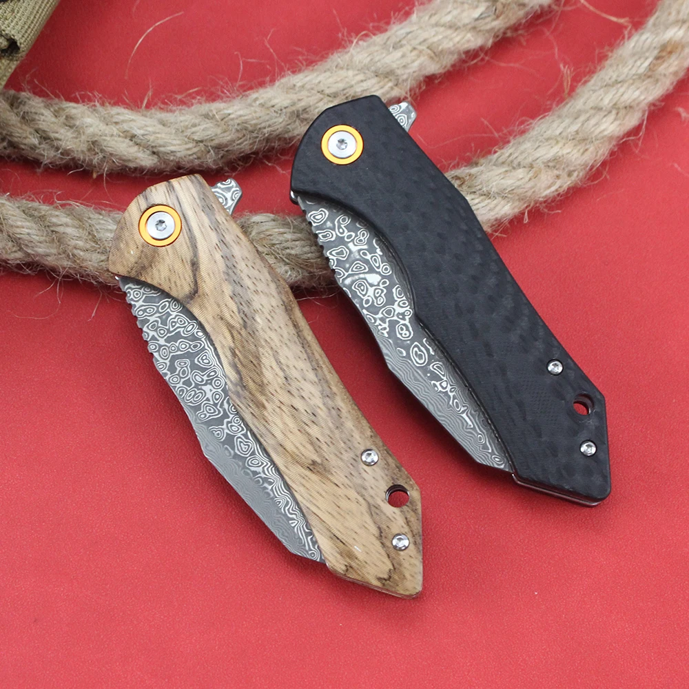 Damascus Folding Knife Zebra wood/carbon fiber G10 Handle Tanto Pocket Knives EDC Hunting Survival Knife Hand Tools
