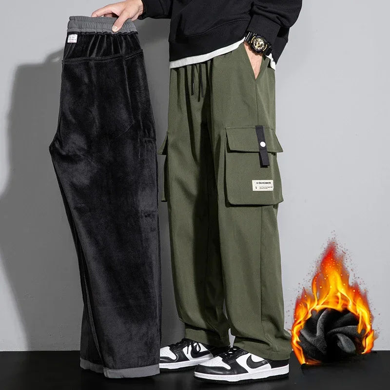 2024 Big Size Mens Pant Straight Elastic Waist Winter Cargo Pant Thick Fleece Warm Wide Leg Trouser Male Black Side Multi Pocket