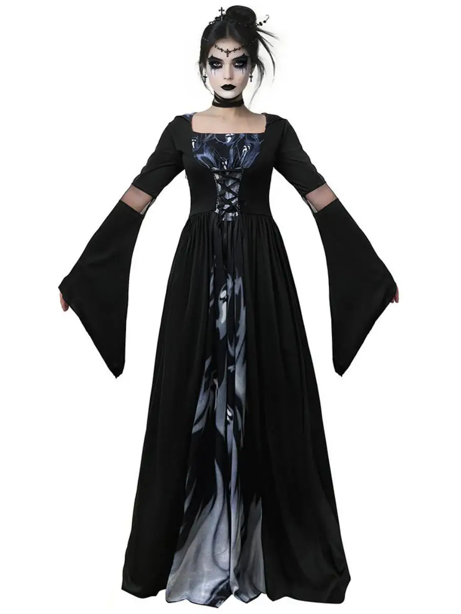 2025 جديد loween الساحرة الدكتور مع غطاء محرك السيارة الهيكل العظمي معالج تأثيري مرحلة الأداء زي المرأة التقليدية العرقية المرحلة C...