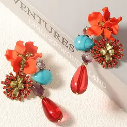 ZAA New Retro Personalized Exaggerated Resin Flower Water Drop Long Earrings
