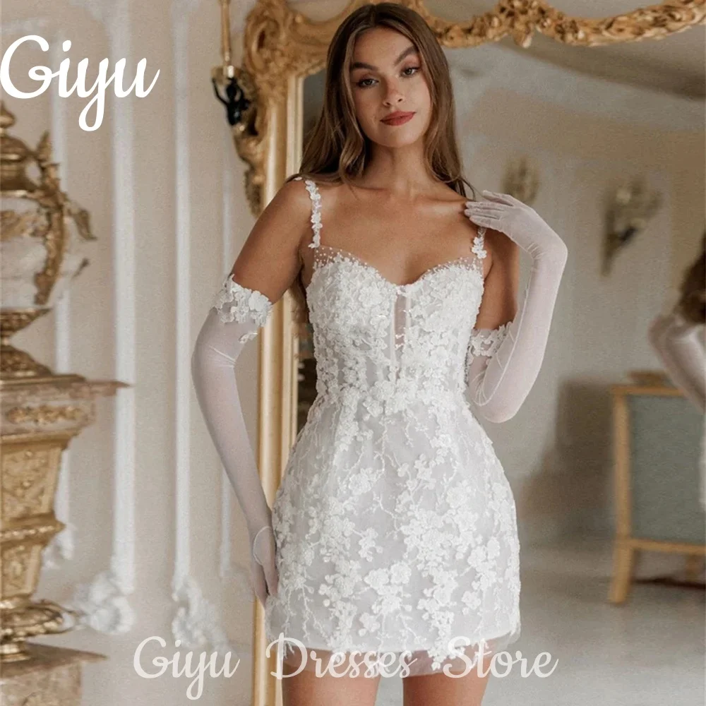 

Giyu Modern Tulle Wedding Dress Spaghetti Straps Short Vestido De Novia Lace Appliques 3D Flowers Robe De Mariée Customized 2025