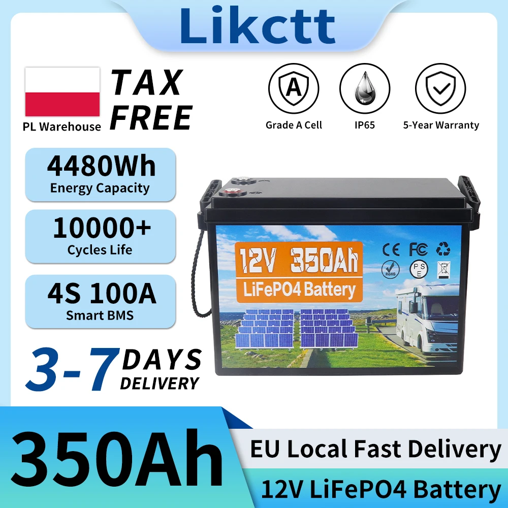 LiFePO4 12V 350AH Batterie, kostenloses Ladegerät, 12,8V Lithium-Batterie, integriertes 100A BMS, 10000+ Zyklen, für Boote, schneller Versand aus der EU