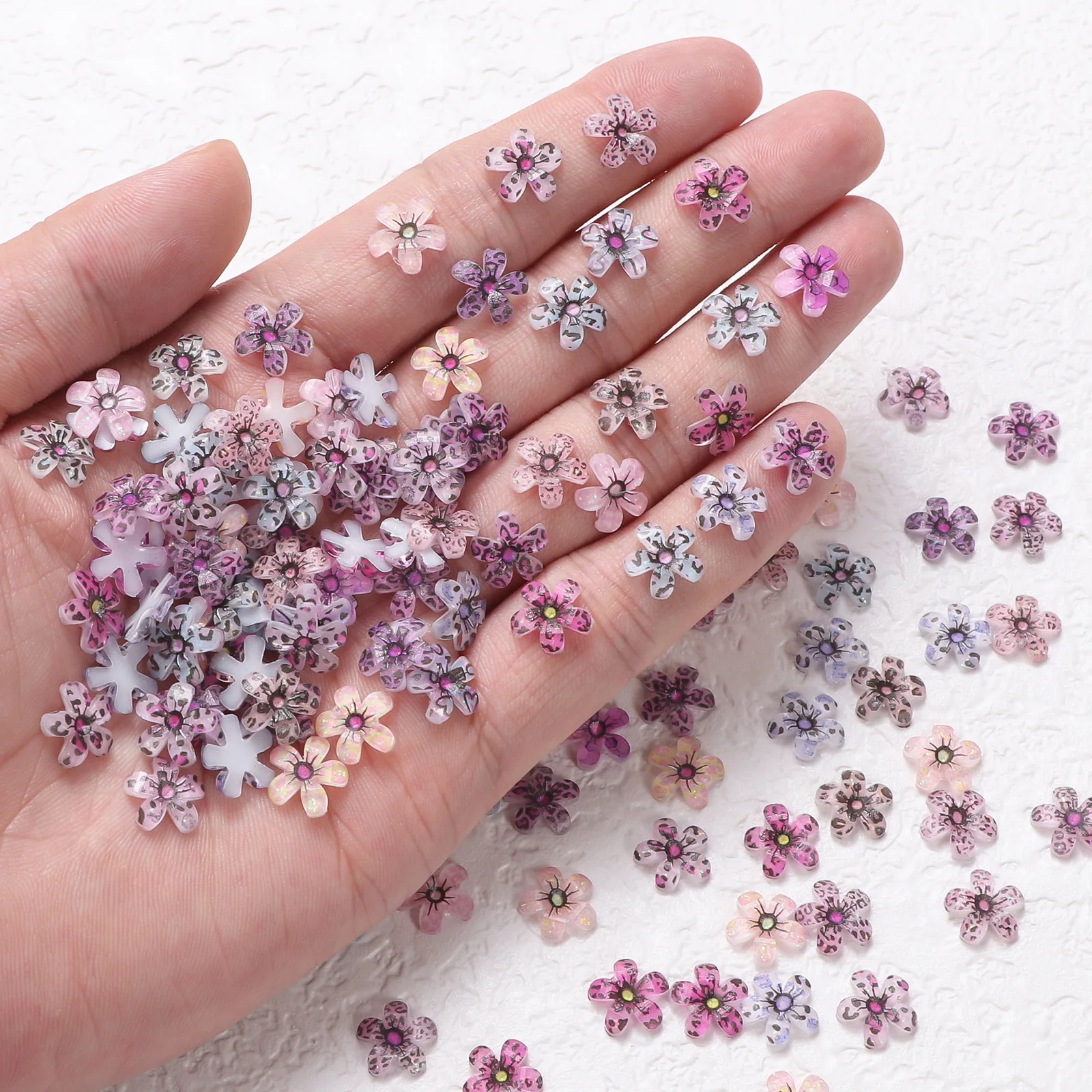 50pc 3d acrílico leopardo impressão cinco pétalas flor arte do prego encantos acessórios para outono unhas decoração design manicure suprimentos