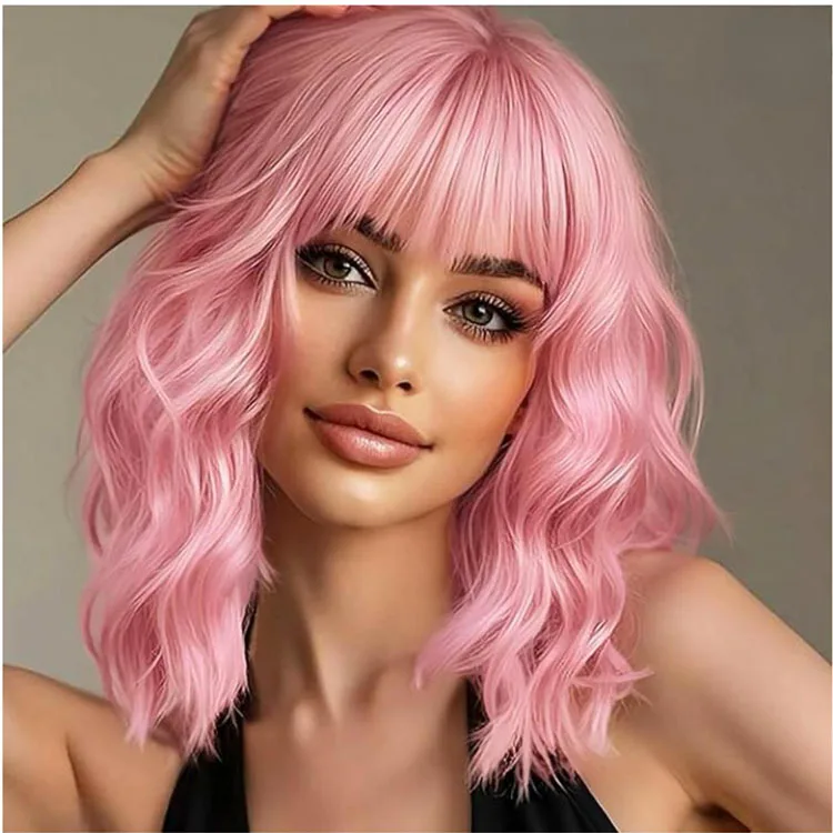 

Pink Bob Wig With Bangs Wavy Shoulder Length Synthetic Hair Wig For Women Heat Resistant Fiber Cosplay Party Daily Wear