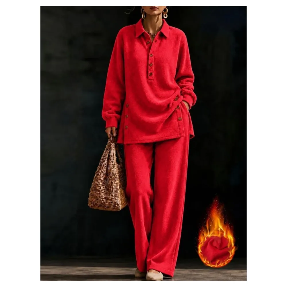 Women's Thick Warm Fleece 2 Piece Outfit Lapel Long Sleeve Side Buttons Blouse High Waist Wide Leg Pants Casual Home Track Suit view 6