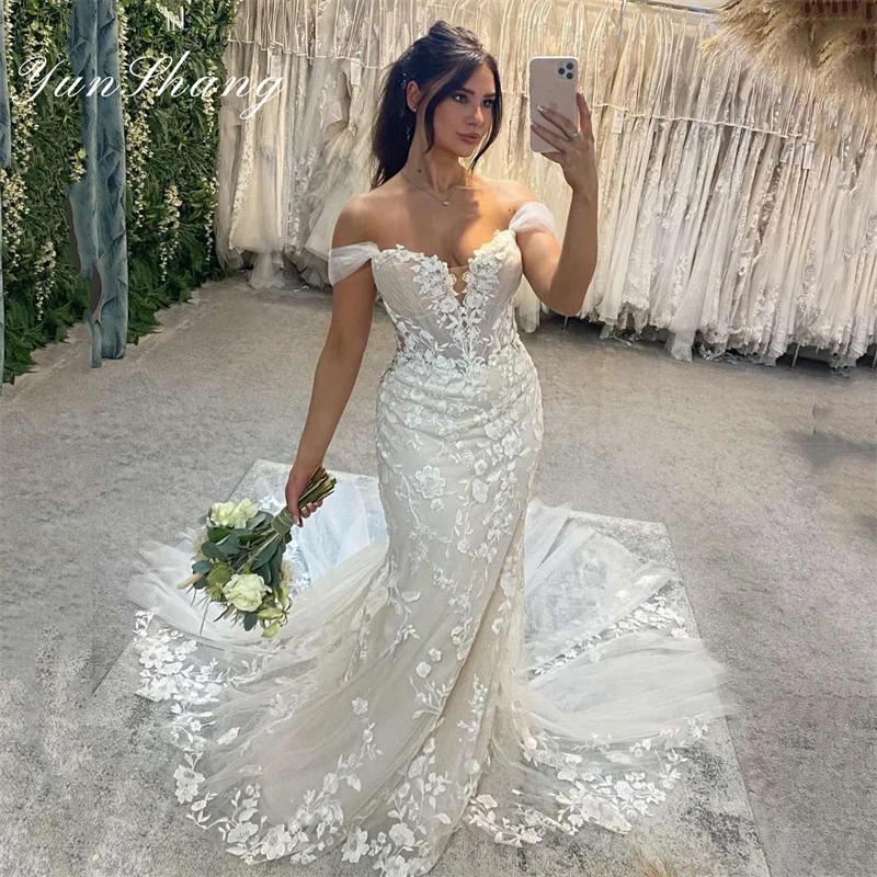 Yunshang-Vestidos De Novia elegantes De sirena para mujer, Vestidos De Novia con espalda abierta y hombros descubiertos, Vestidos De Novia con tren De barrido