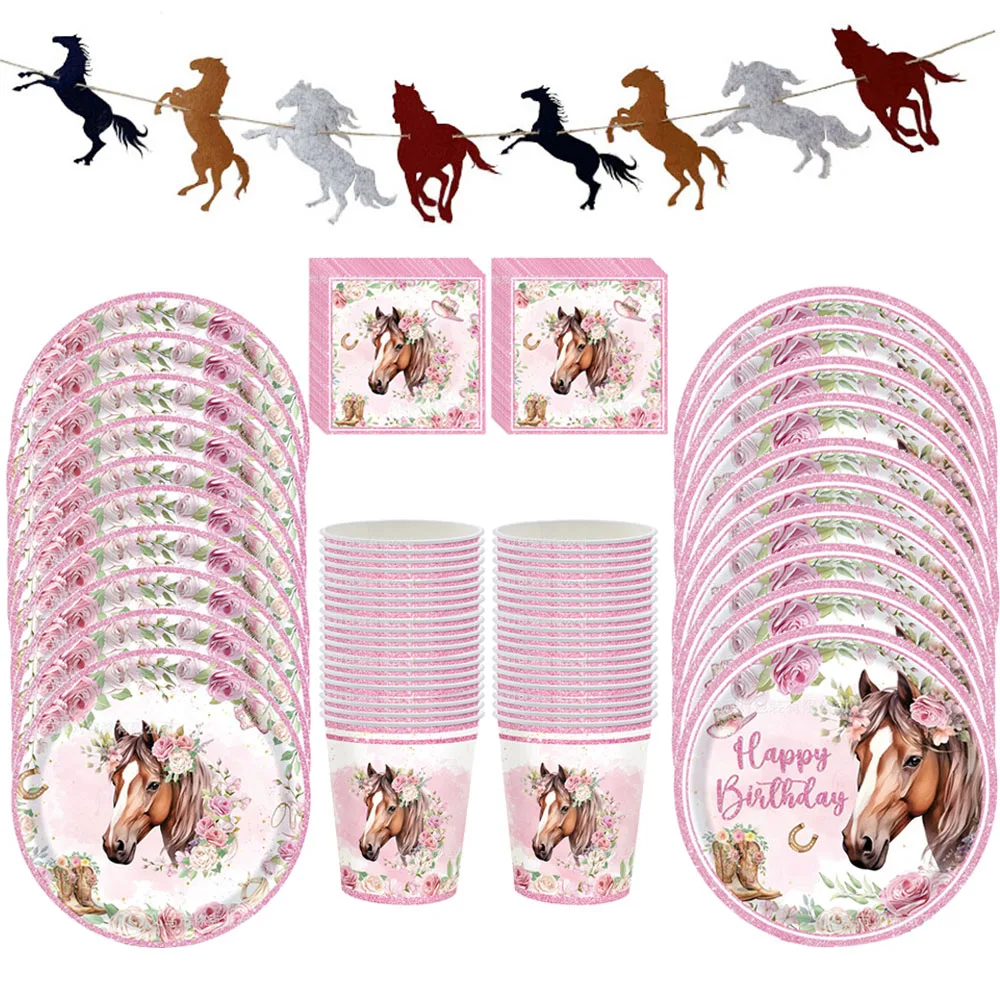 Western Cowgirl Pferd Geburtstag Party Pappteller Tassen Servietten Rosa Pferd Party Dekorationen für Mädchen Geburtstag Party Supplies