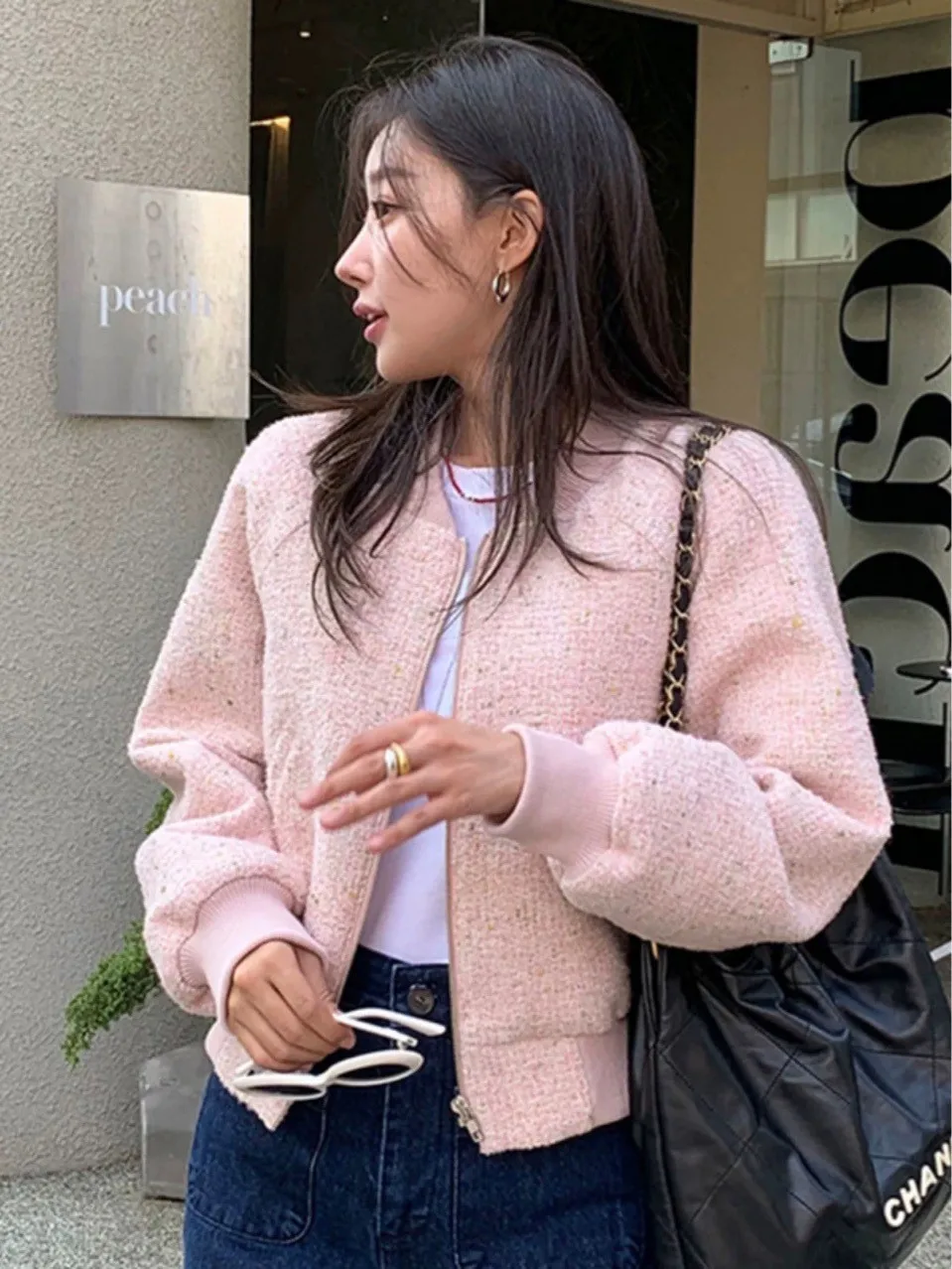 

Tweed Baseball Jacket For Women Lady Spring Autumn Long Sleeve Zipper Loose Outwear