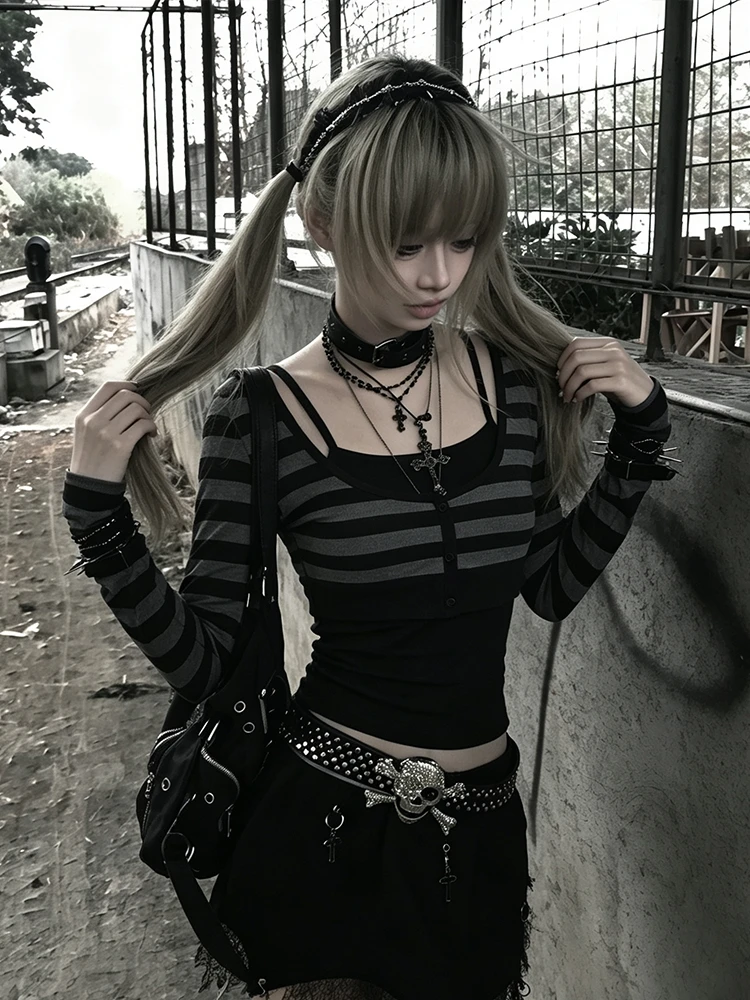Tonngirls Japanische Y2k Zweiteilige Oberteile für Damen, Langarm Gestreiftes Crop-Top + Ärmelloses Camisole, Amerikanisches Retro-T-Shirt, E-Girl 2000er Jahre – Detail 9