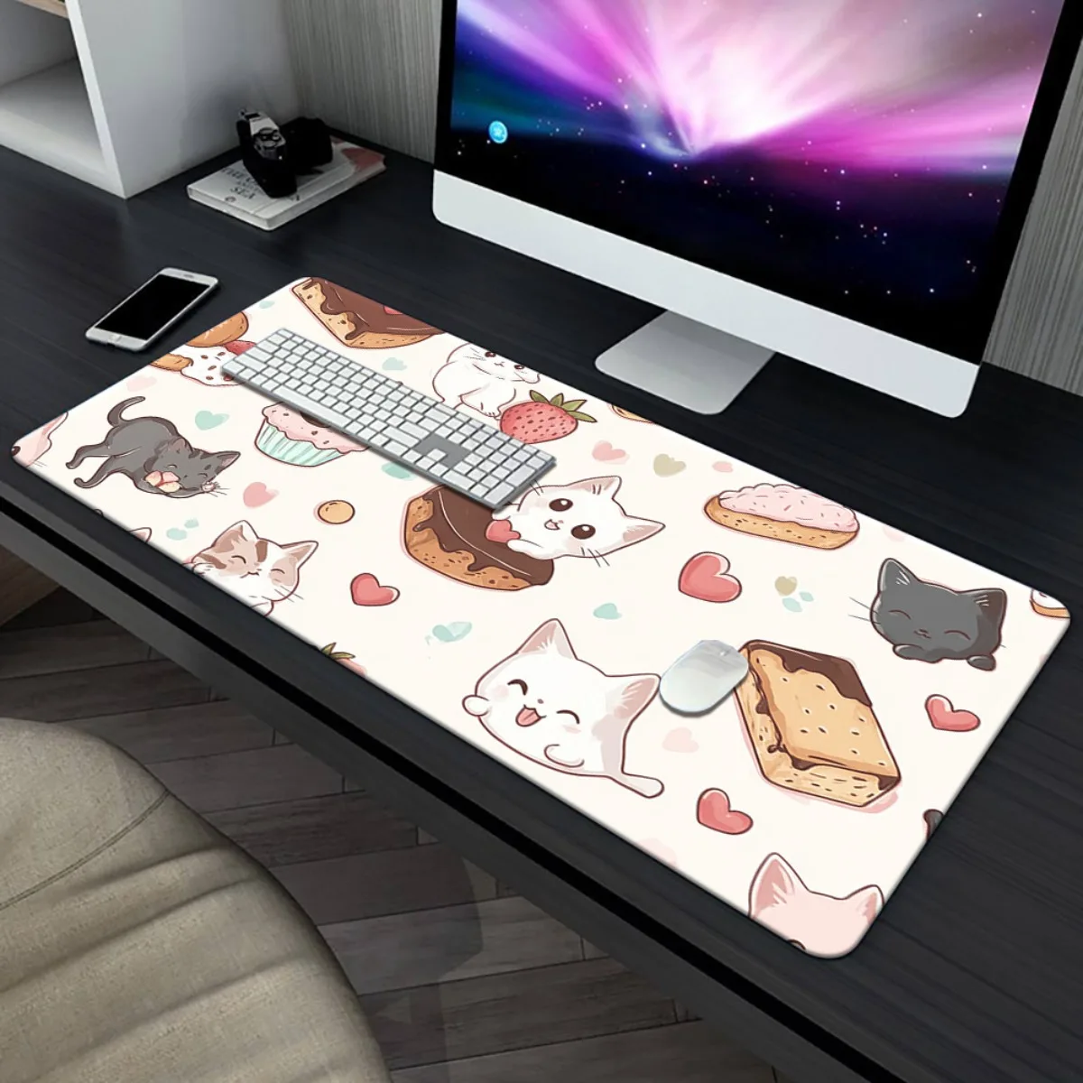 1pc Gatto con modello di design snack Tappetino stampato HD per scrivania, tappetino per mouse XXL multifunzionale, tappetini per mouse da gioco per tastiera, ufficio Com