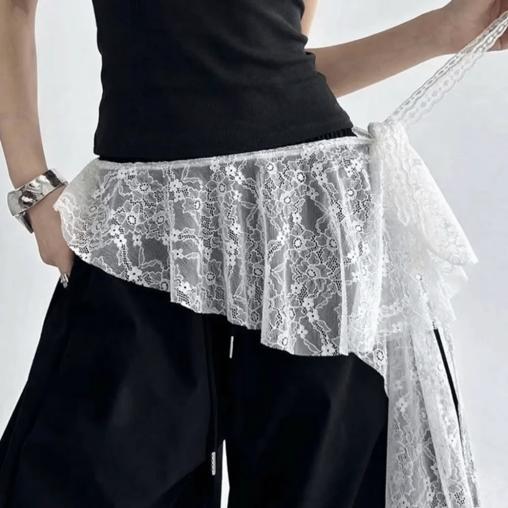 

Embroidered Flower Butt Curtain Skirt Irregular Hem High Waist Lace Trim Butt Curtain Ruched Ruffles Trim Mini Apron Layering