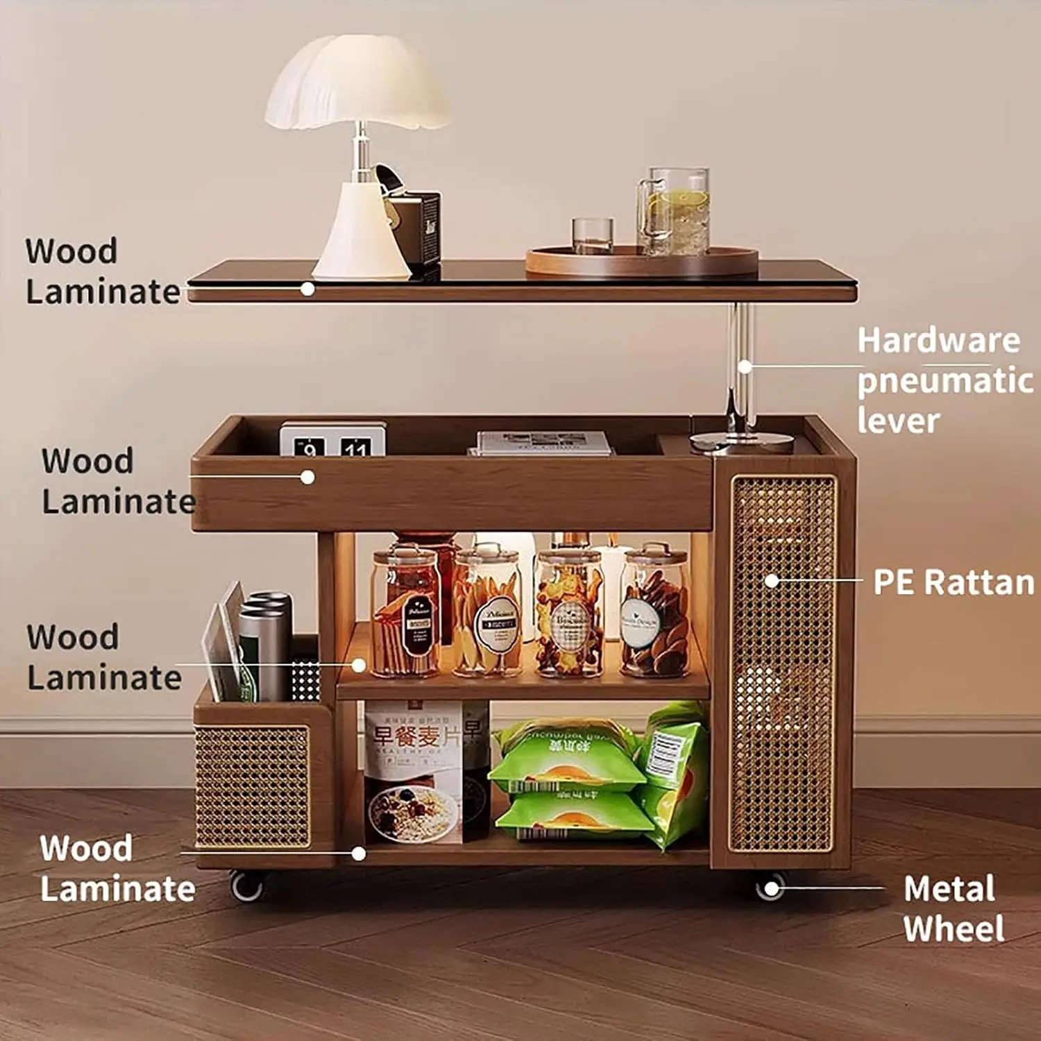 طاولة قهوة خشبية متنقلة، طاولة جانبية قابلة للرفع، عربة تروللي صغيرة للطاولة التي تنزلق أسفل غرفة المعيشة (27 × 17 × 21 بوصة)