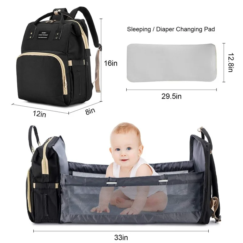 Foldable Baby Crib with Changing Pad Diaper Bag Backpack  USB Interface Babies Bags   Station pañaleras para