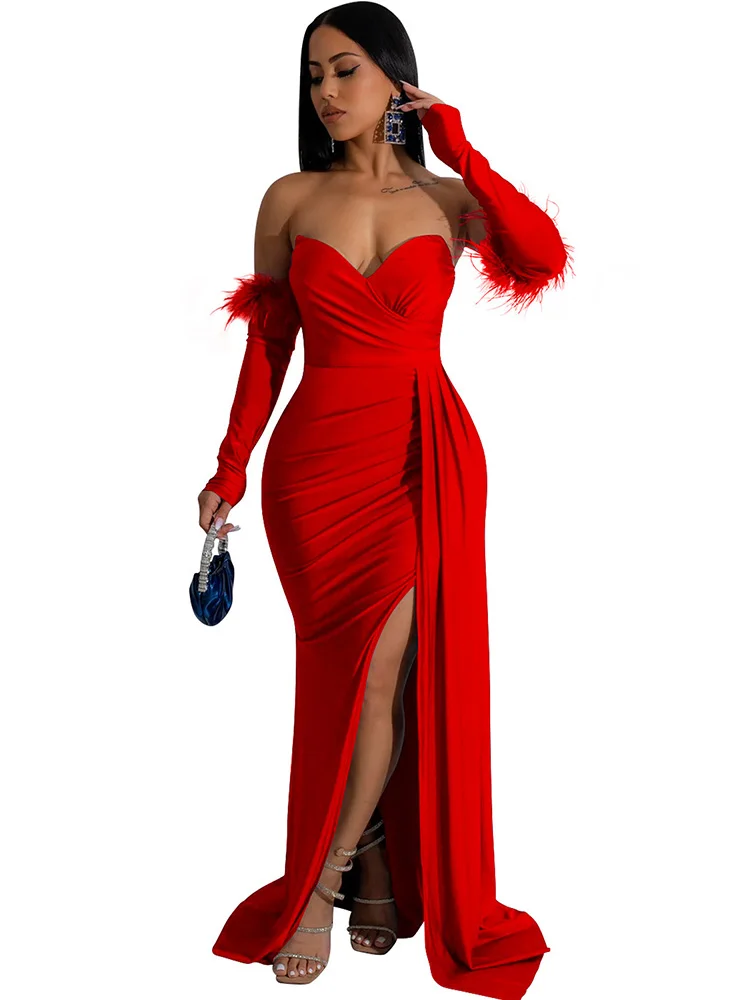 

Sexy Off The Shoulder Feather Party Prom Ruched Slit Dress Strapless Backless Night Club Evening Gowns Women Long Corset Dresses