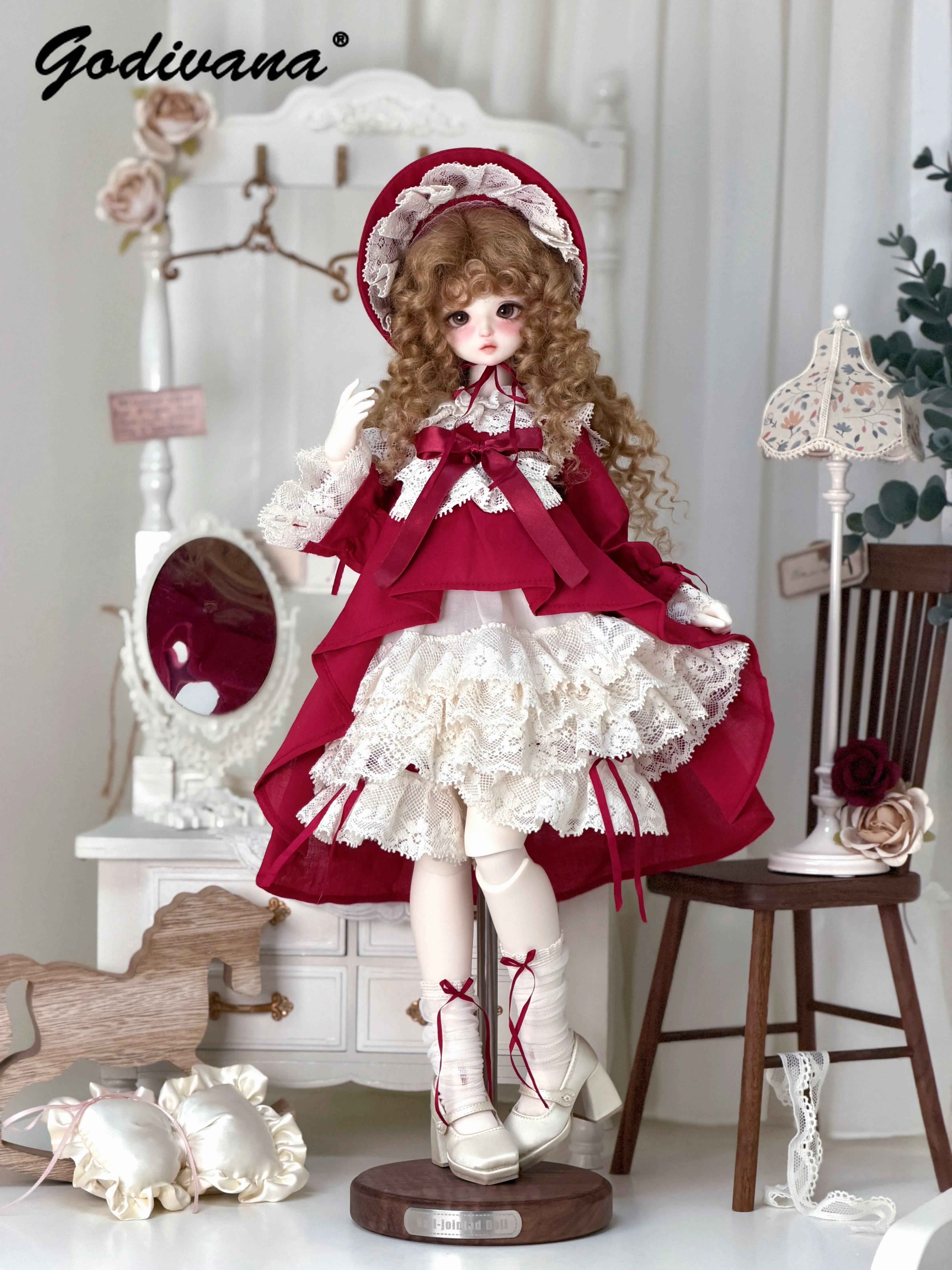 1/4 BJD Doll Clothes Vintage Little Red Riding Hood Flare Sleeve Lace Ruffle Long Dress with Bonnet Hat Outfit for 1/4 BJD Doll