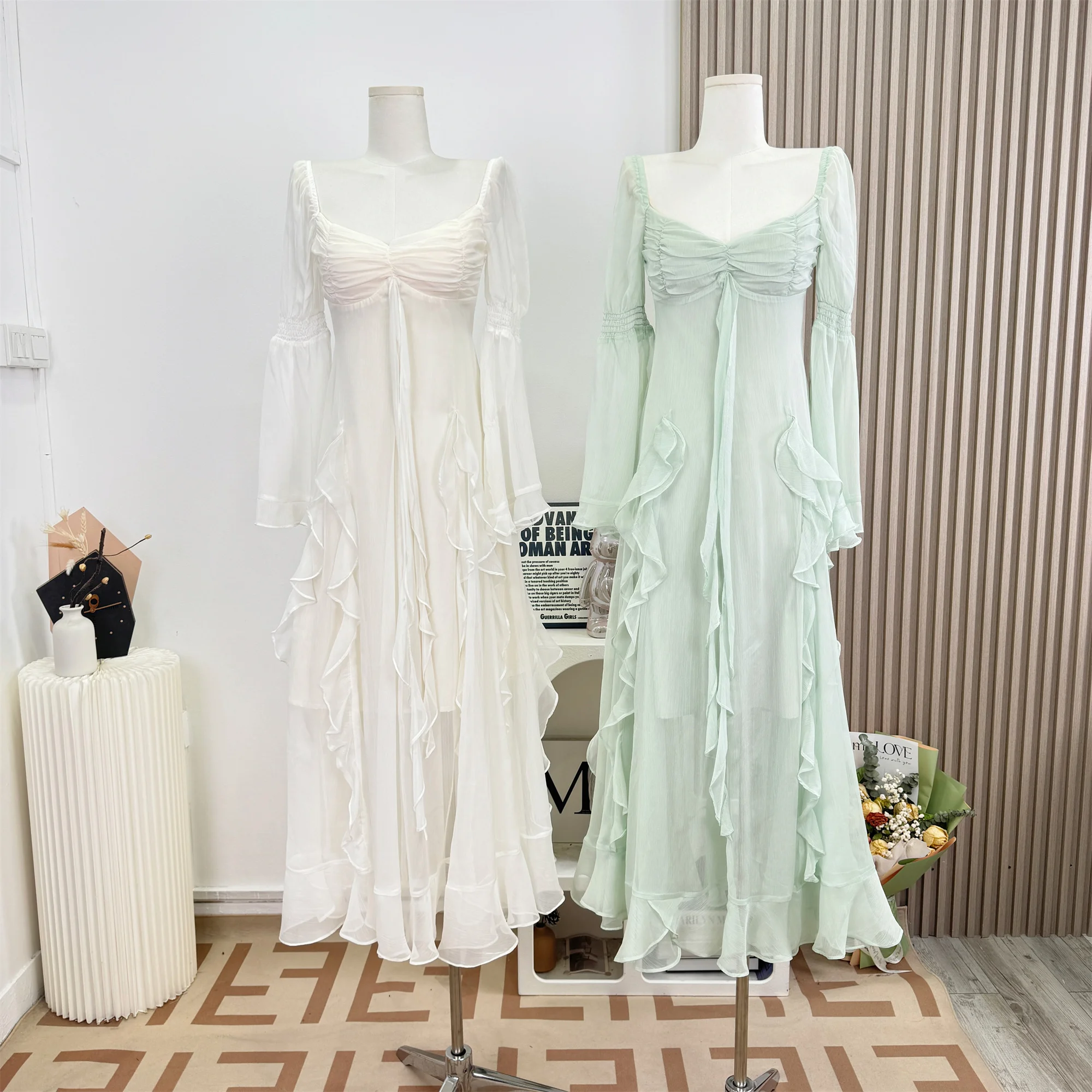 

Женское элегантное платье с квадратным вырезом, длинными рукавами и рюшами, однотонное шифоновое платье для улицы и отдыха, весна-лето